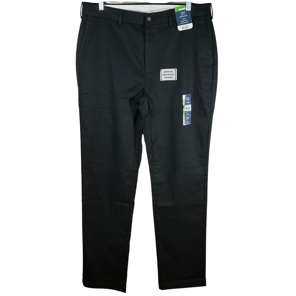 George Mens Premium Khaki Straight Leg Pants Black Soot 34x34 New Dress Casual